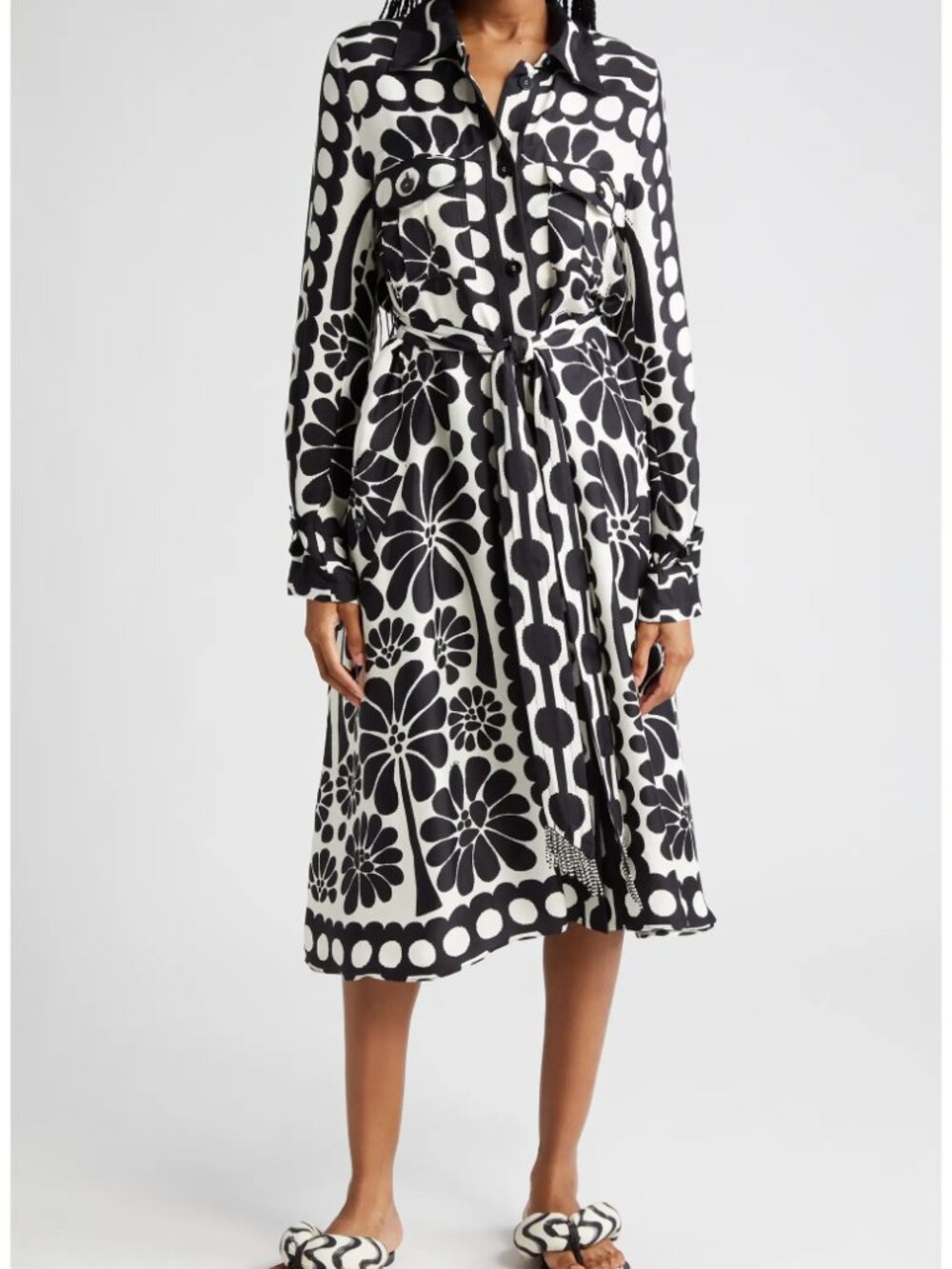 FARM Rio - Palermo Long Sleeve Belted Midi Shirtdress, black & white print, XXS - Picture 2 of 12